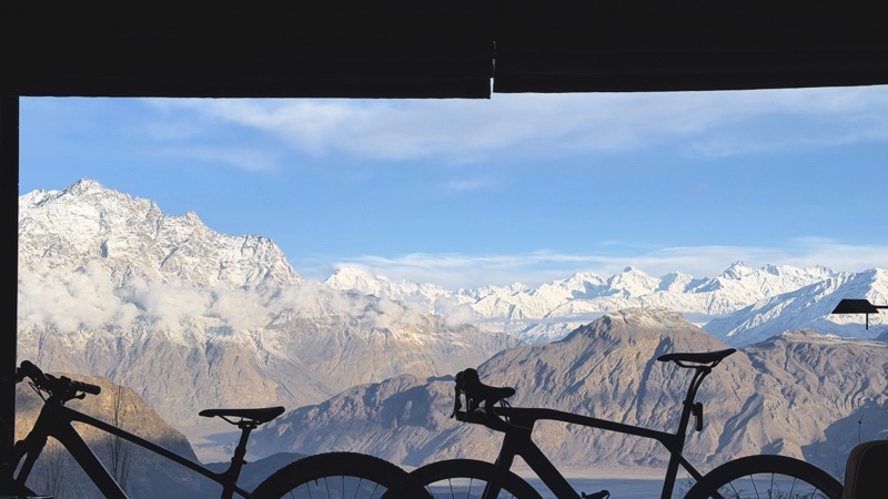 Bikes sheltered with the mountains behind
